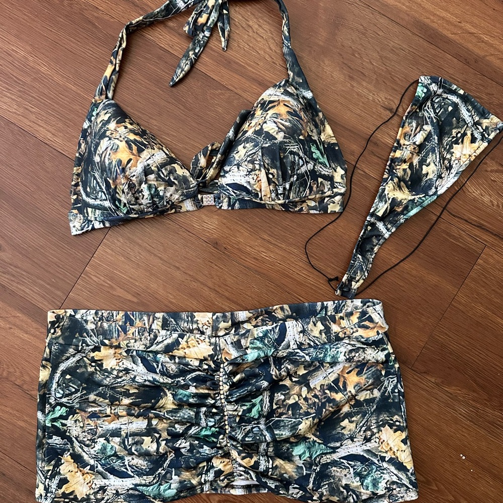 3 piece bedazzled camo dance outfit size Large. Angel Candy brand. Worn once.